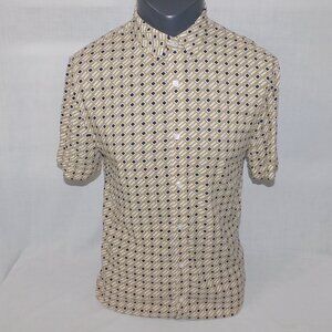 Guess Mens S Slim Button Front Short Sleeve Tan Black White Pattern Shirt NEW